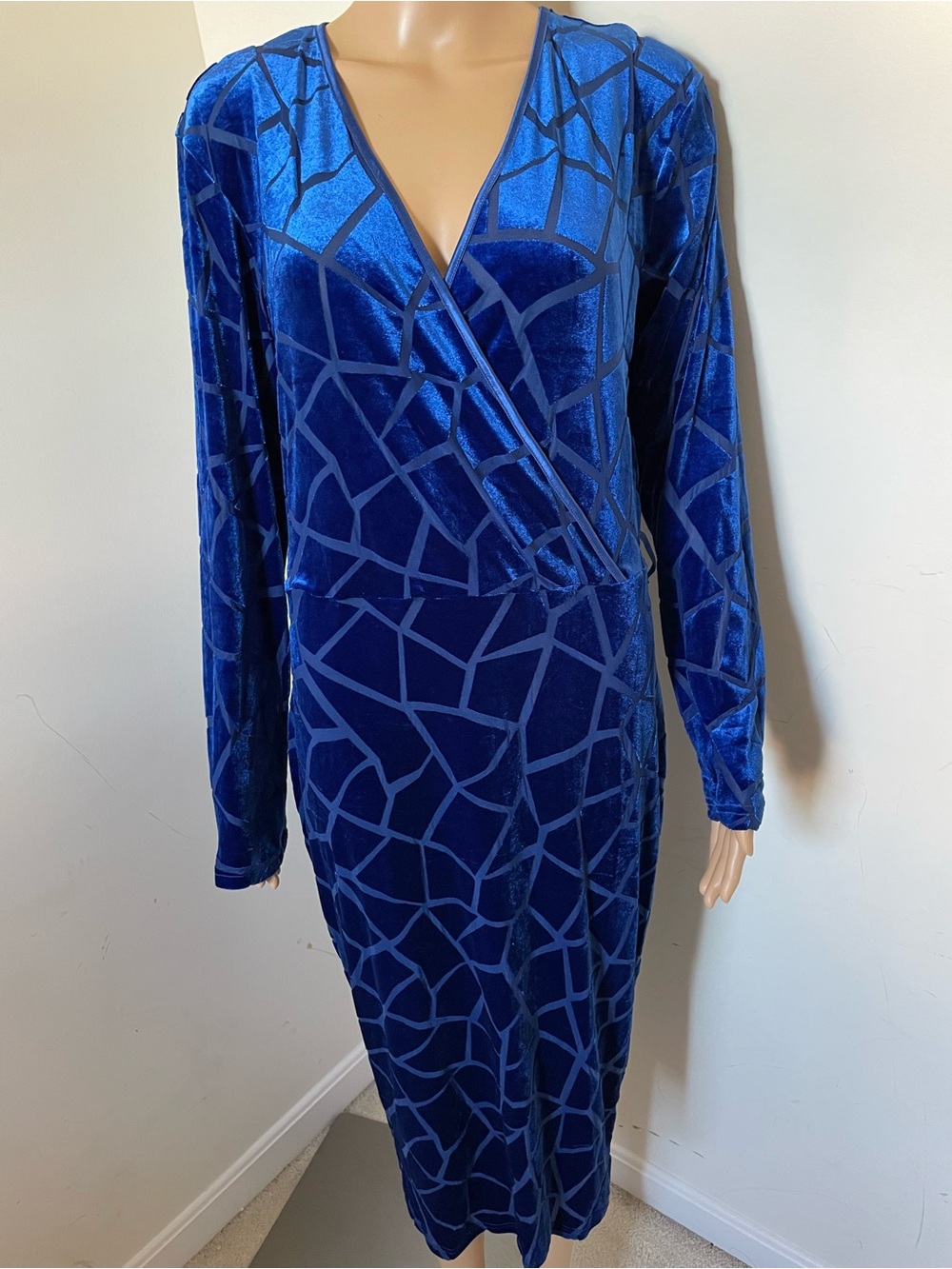 Women's Royal Blue Velvet Wrap Midi Dress Size XL